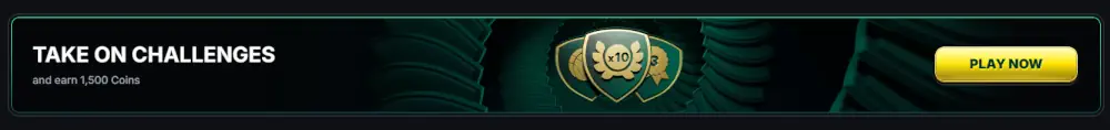 Banner izzivov Kinbet gaming, ki ponuja nagrade v kovancih za sodelovanje